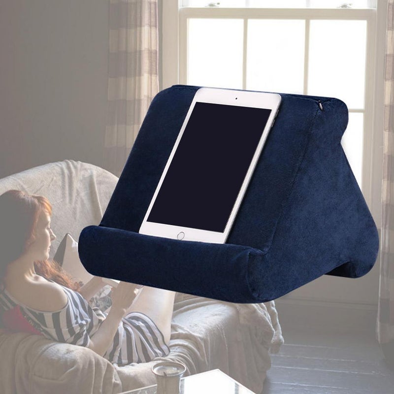 Linen-Cotton Pillow Tablet Phone Holder – Soft Foam Cushion Stand with Side Pocket, Compatible with 4-13 Inch iPad/Kindle/iPhone, Hands-Free for Home/Office/Travel (blue) - Image 5